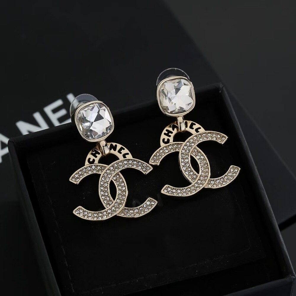 Chanel CC Logo Crystal Drop Earrings